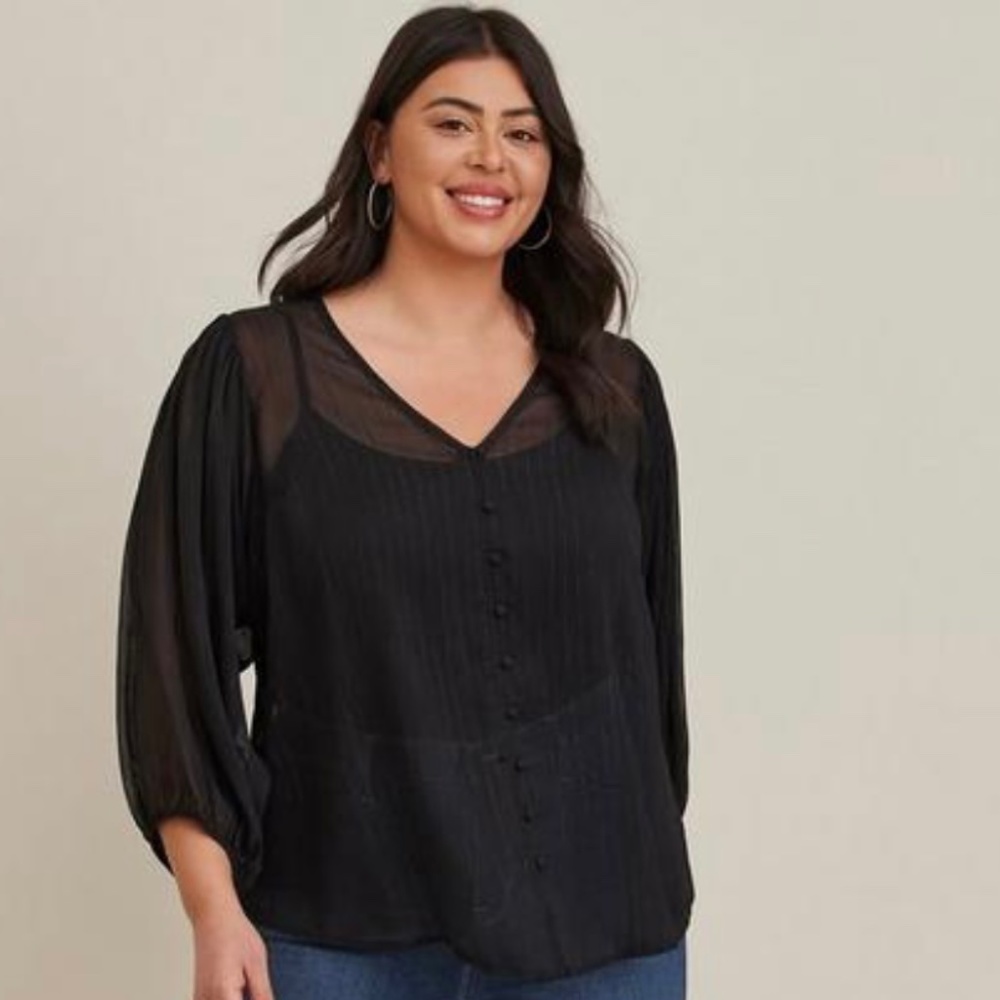 Torrid Black Chiffon‎ Lurex Button-Up Blouse with Silver Metallic Size 00 Medium